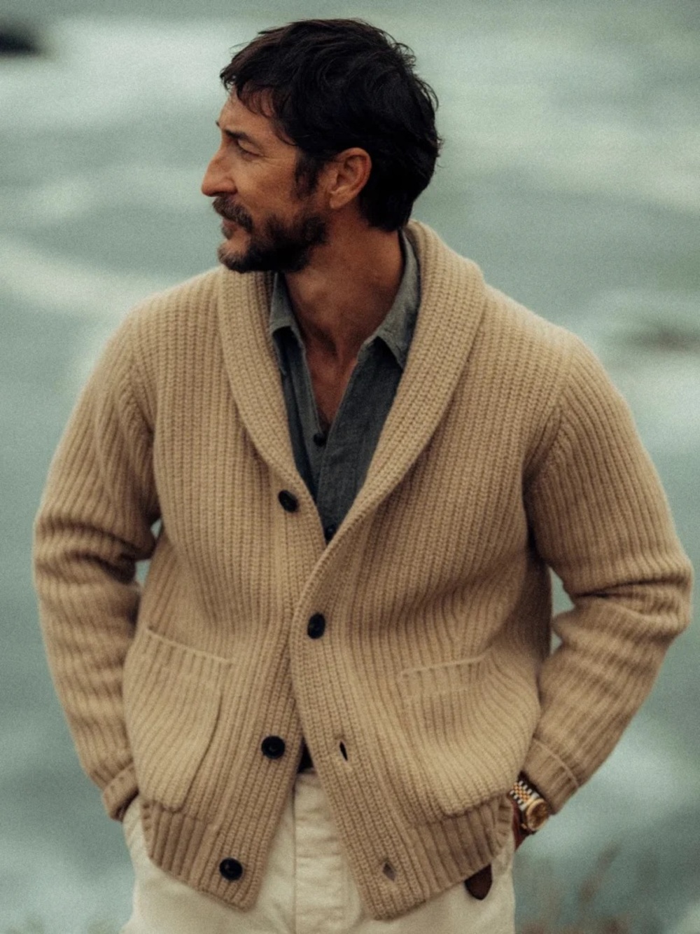 Buck Mason heardsman Ribbed Knit Cardigan — Taupe